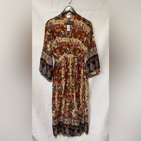 NWT Panache Brown Floral Kimono Long Wrap Dress Size M - Picture 2 of 16